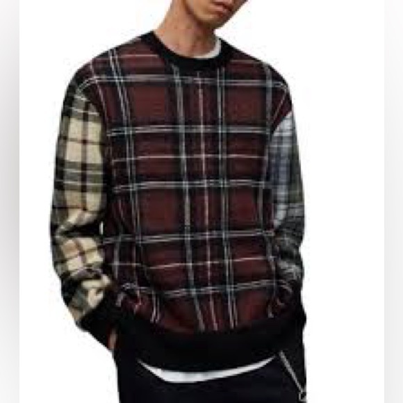 AllSaints Ness tartan jacquard-print stretch wool blend sweater Sz Medium